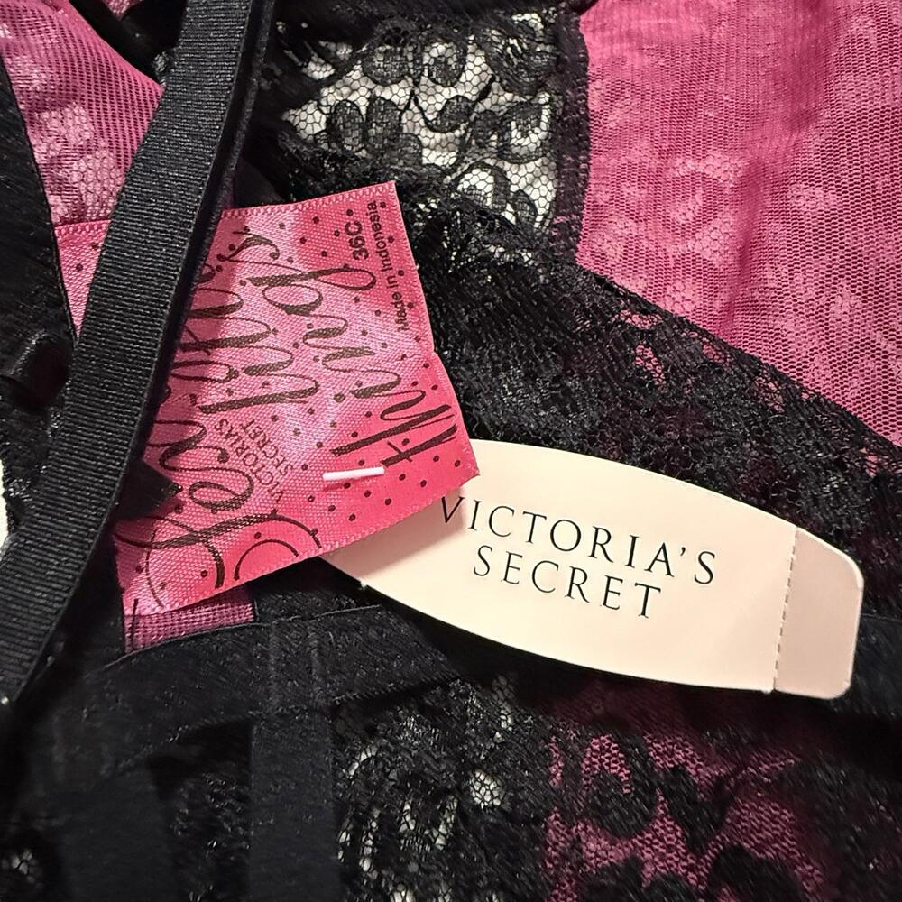 Victoria’s Secret Black Pink Babydoll Chemise Garters 36C Sexy Little Things - Picture 4 of 13